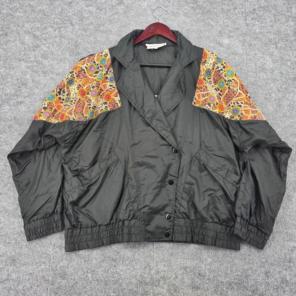 Vintage Wear2BSeen Black Leopard Print Medallion Windbreaker Jacket Sample Med